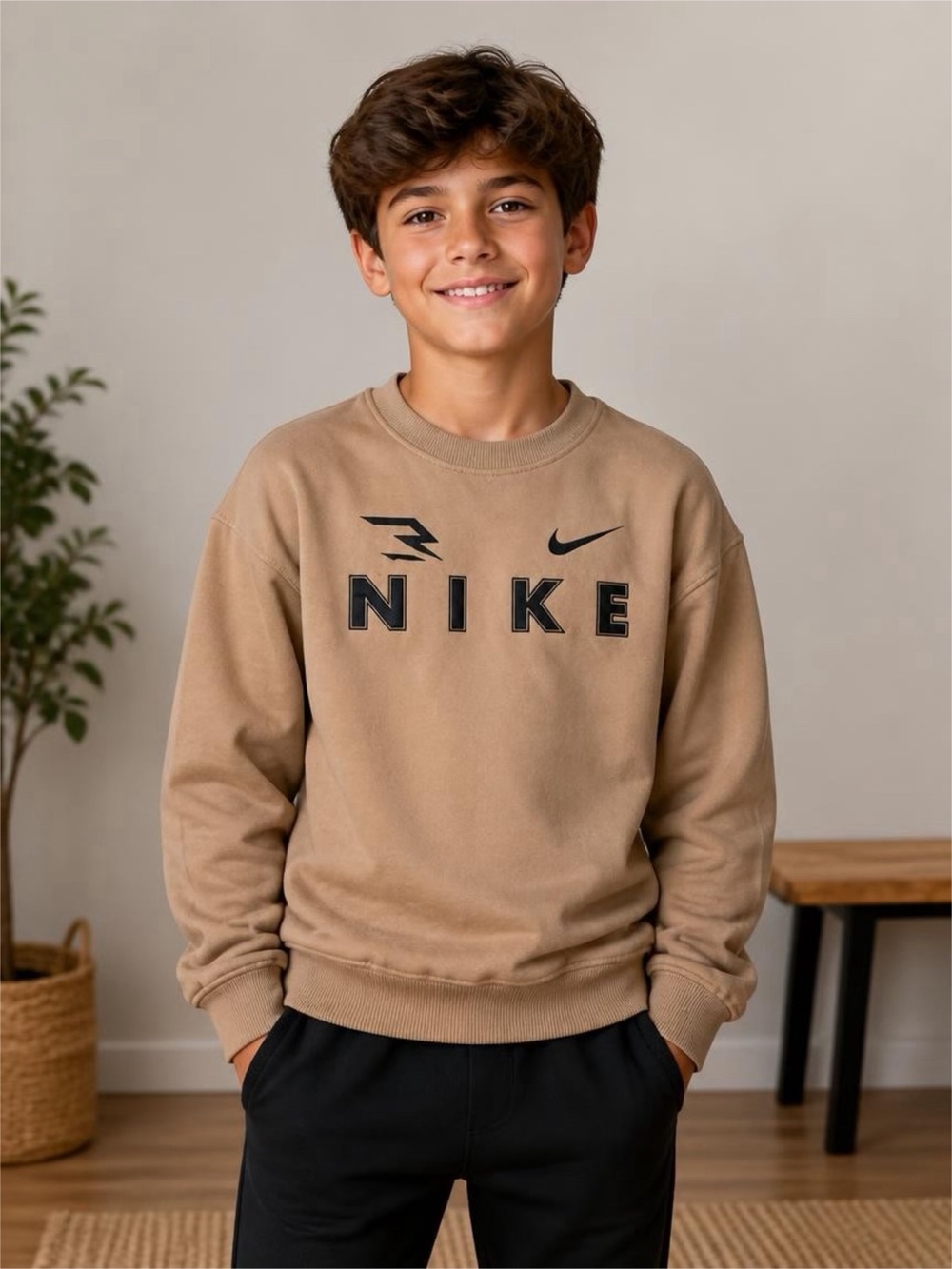Nike Kids Tan Crewneck Sweatshirt with Black Logo